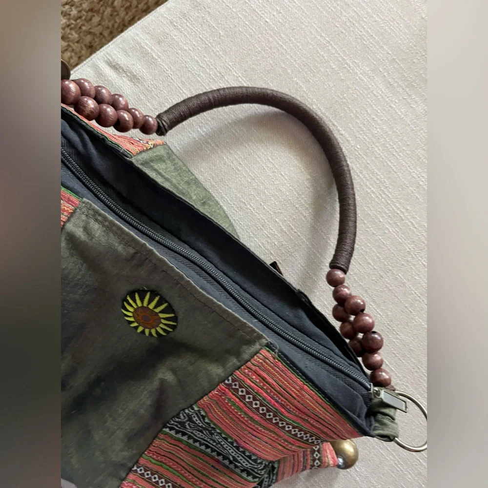GORGEOUS tribal tapestry boho handmade fabric purse bag metal wood beads hippie